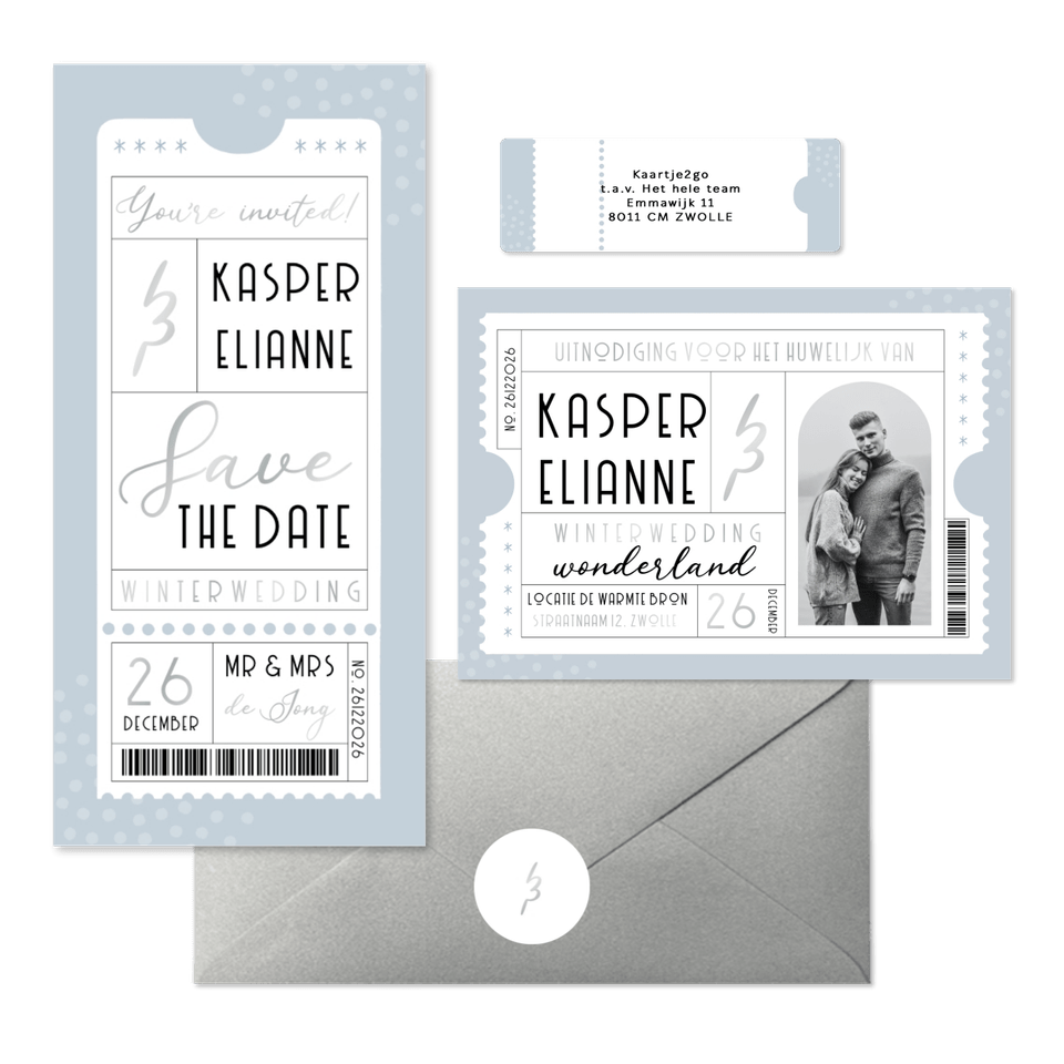 Trouwset blauwe winter wedding ticket
