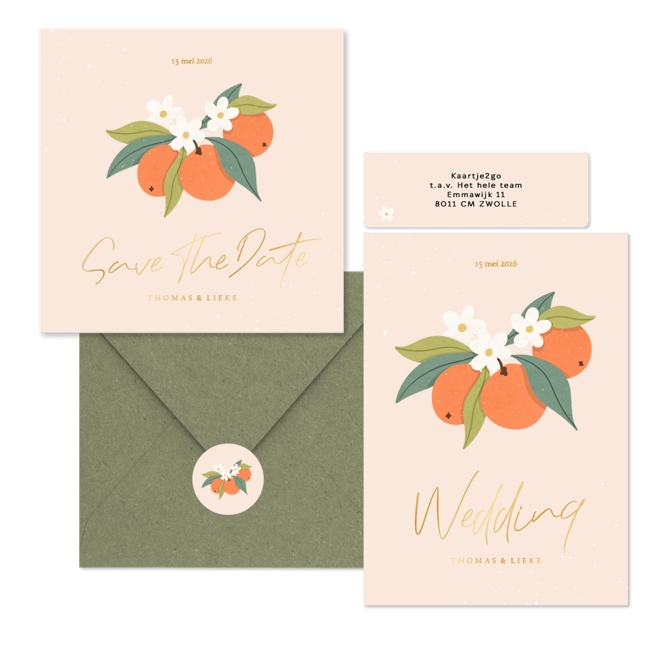 Zomerse trouwset met sinaasappels en goudfolie