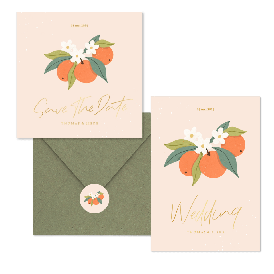 Zomerse trouwset met sinaasappels en goudfolie