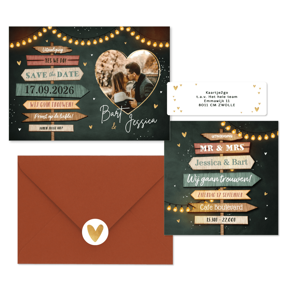 Trouwkaarten set festival wegwijzers hout lampjes