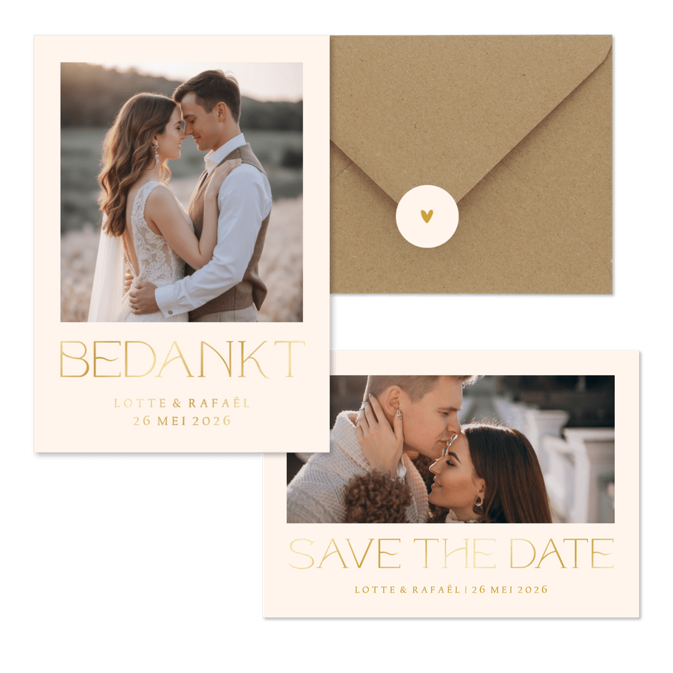 Simpele trouwset met foto en goudfolie