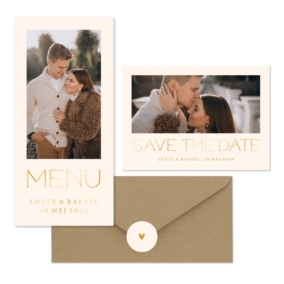 Simpele trouwset met foto en goudfolie