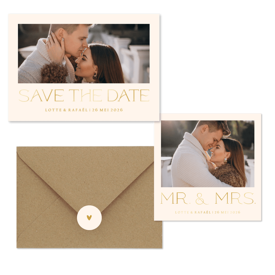 Simpele trouwset met foto en goudfolie