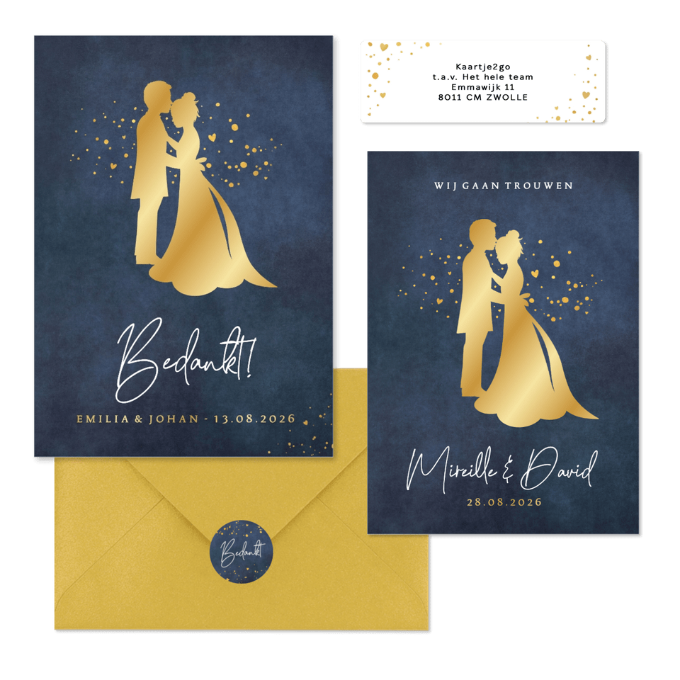 Trouwset met gouden silhouetten en spetters