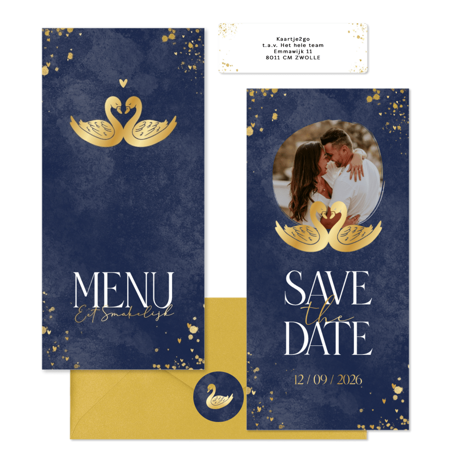 Donkerblauwe trouwset met gouden zwaantjes