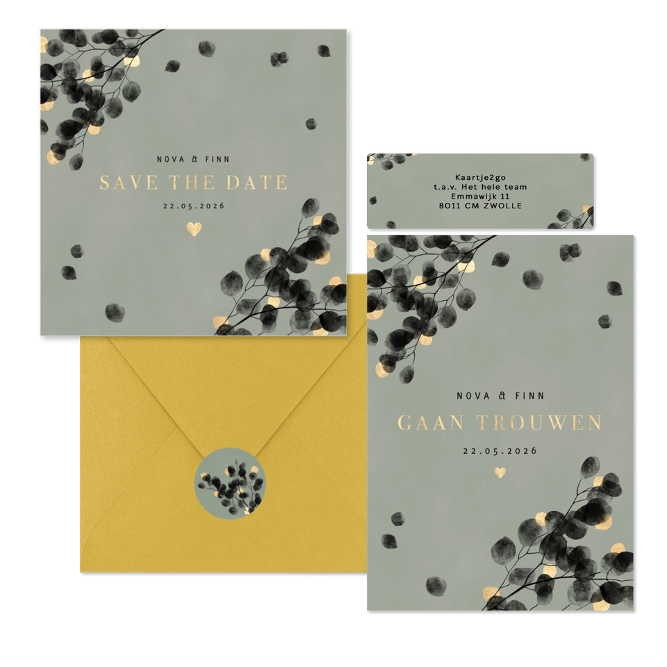 Trouwset zwarte eucalyptus takjes met goud