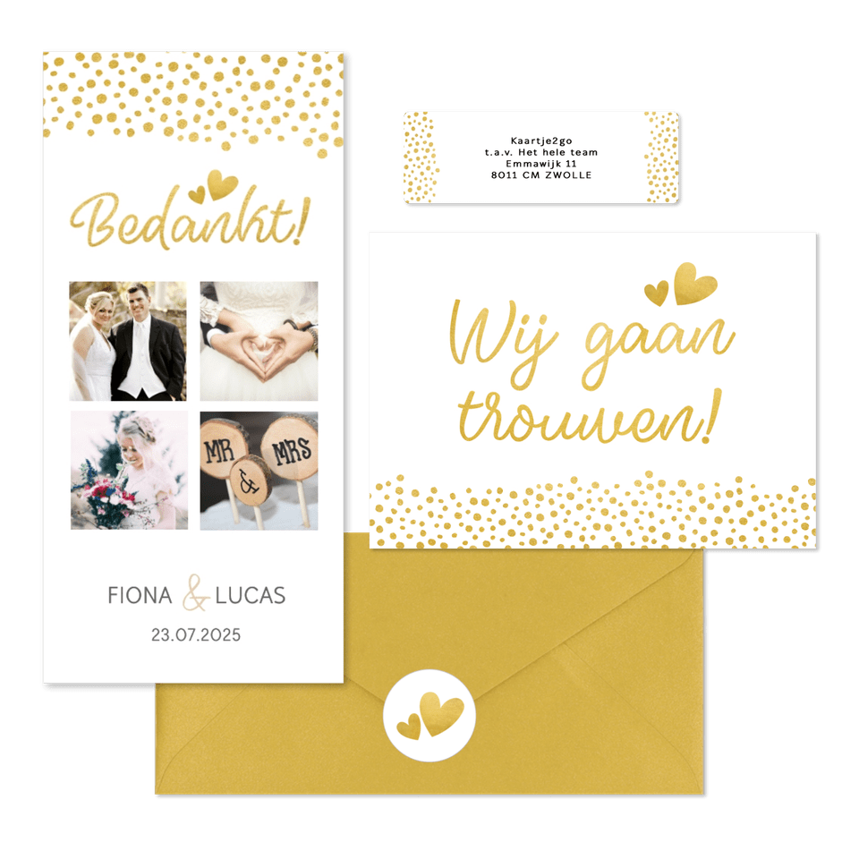 Witte trouwkaarten set met gouden stipjes 