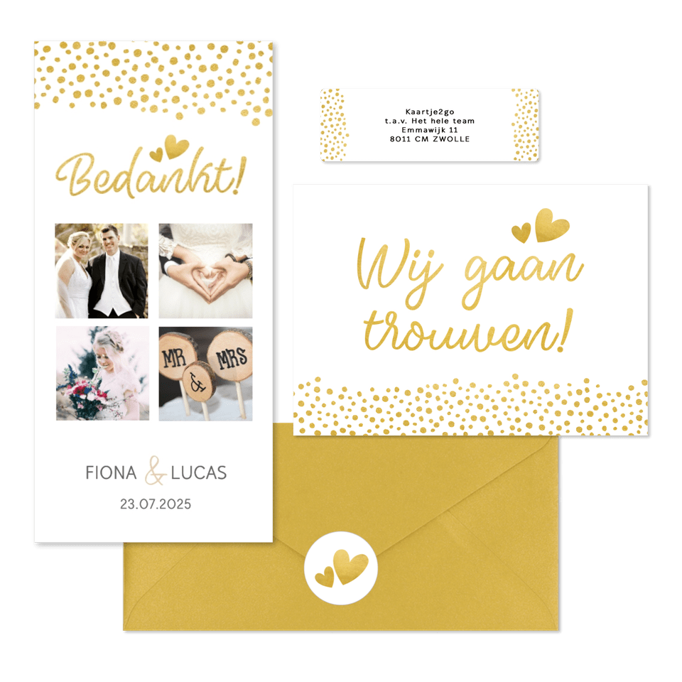 Witte trouwkaarten set met gouden stipjes