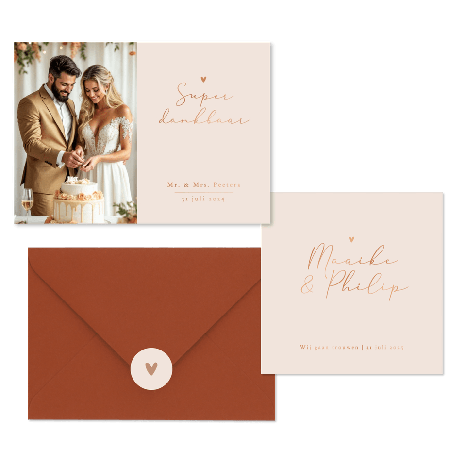 Trouwkaarten set stijlvol goud minimalistisch romantisch hartje koper.