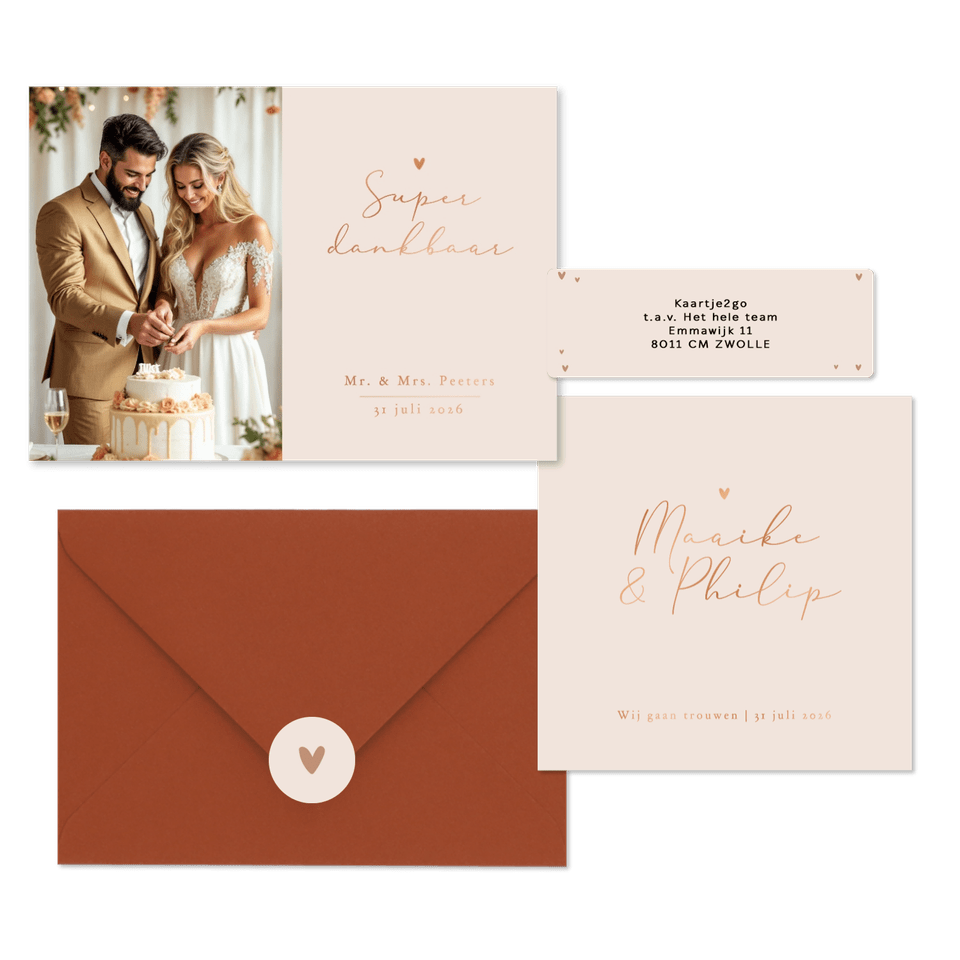 Trouwkaarten set stijlvol goud minimalistisch romantisch hartje koper.
