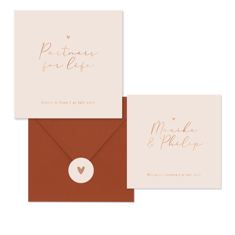 Trouwkaarten set stijlvol goud minimalistisch romantisch hartje koper.