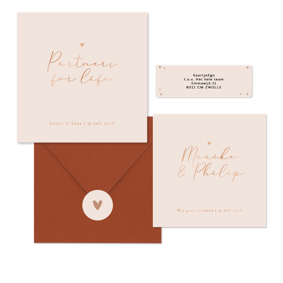 Trouwkaarten set stijlvol goud minimalistisch romantisch hartje koper.