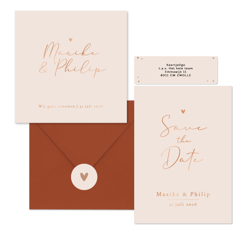 Trouwkaarten set stijlvol goud minimalistisch romantisch hartje koper.