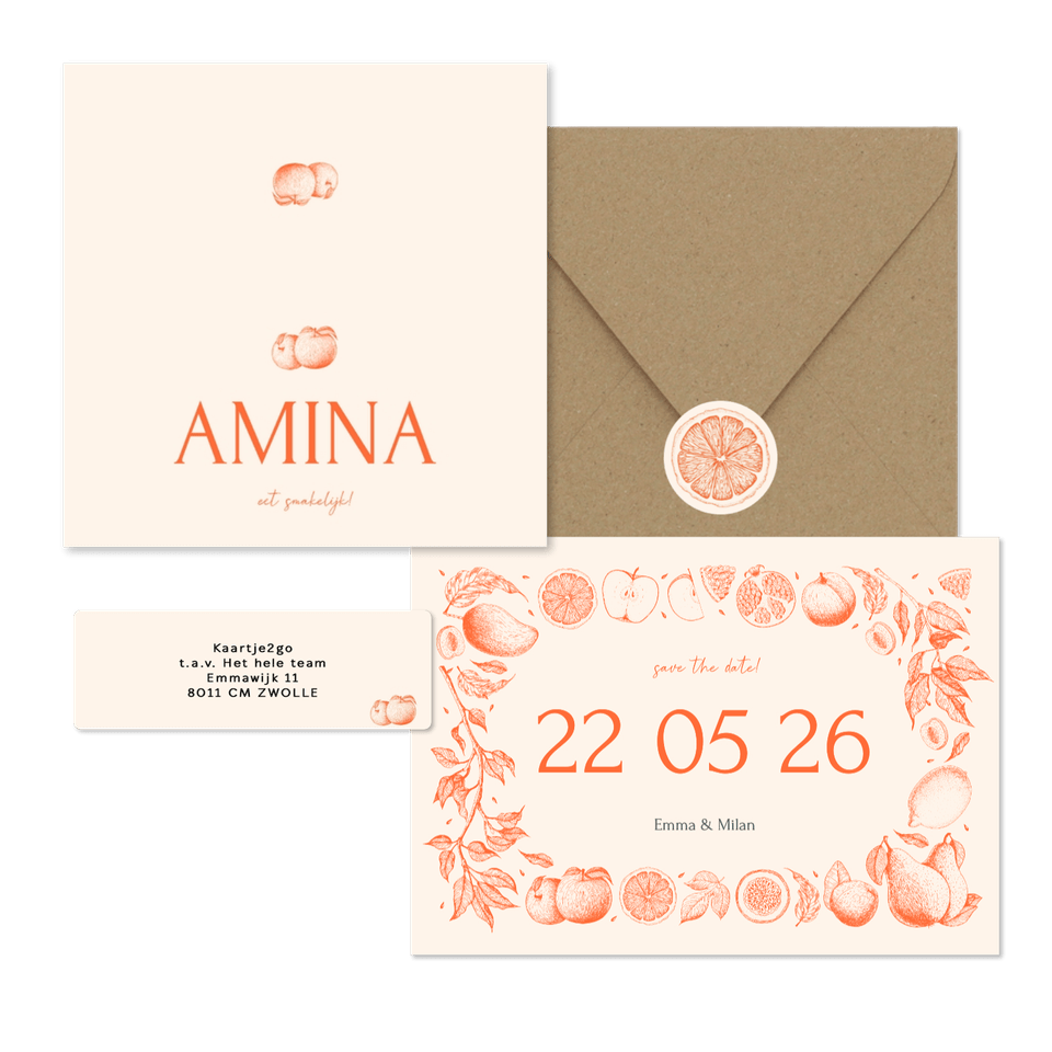 Trouwset met vintage lijntekeningen van fruit