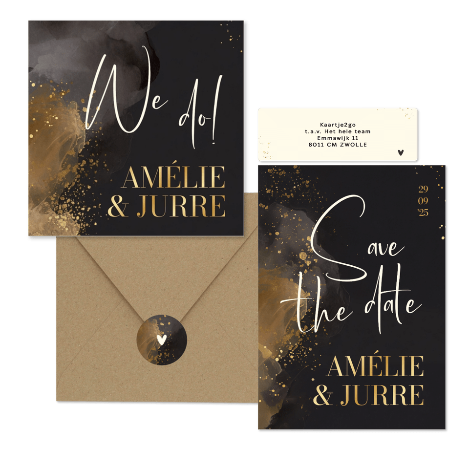 Stijlvolle trouwset donkergrijs waterverf goud handgeschreven