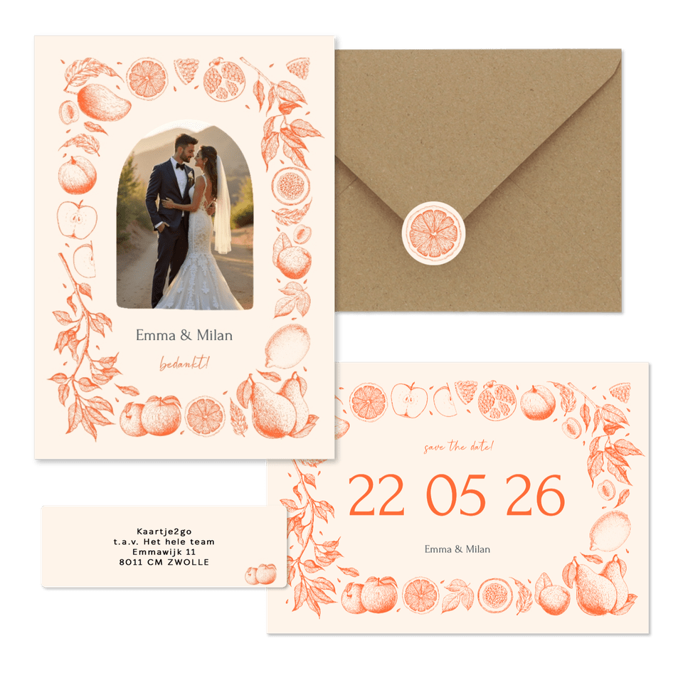 Trouwset met vintage lijntekeningen van fruit