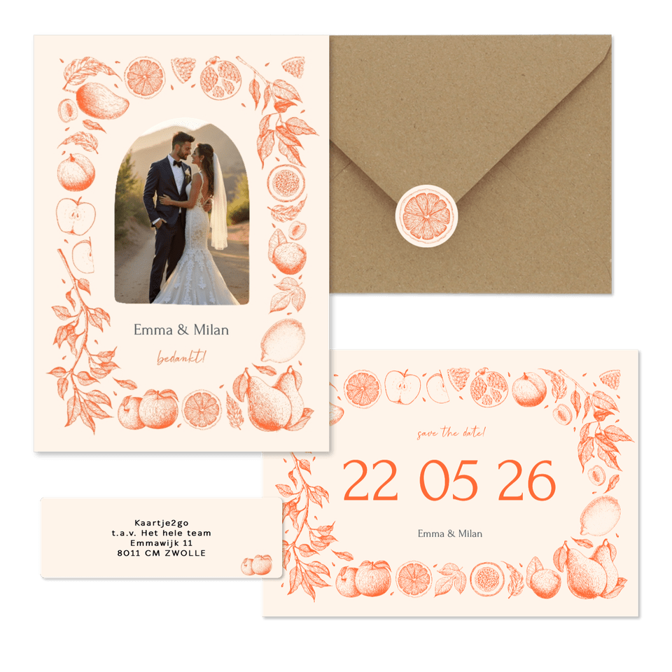 Trouwset met vintage lijntekeningen van fruit