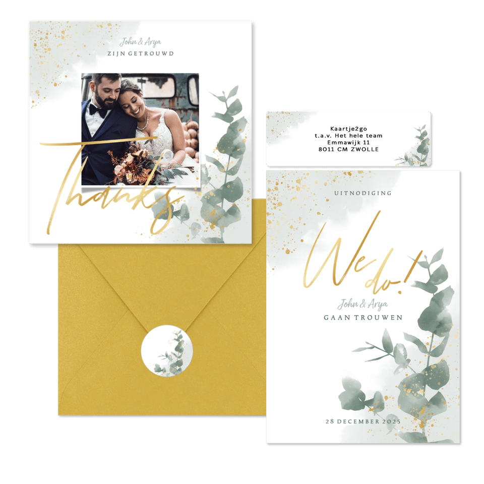 Stijlvolle trouwset met waterverf eucalyptus