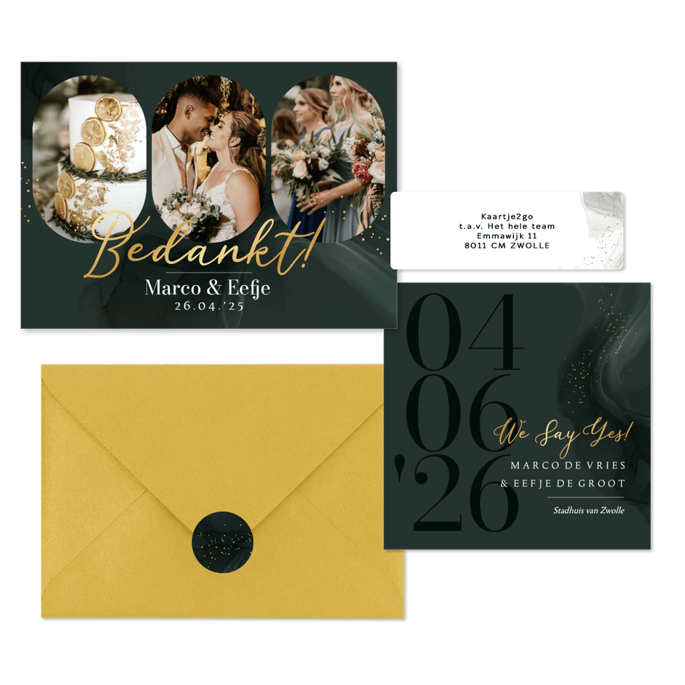Trouwkaartenset soft groen en spetters goud
