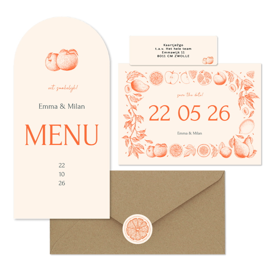 Trouwset met vintage lijntekeningen van fruit