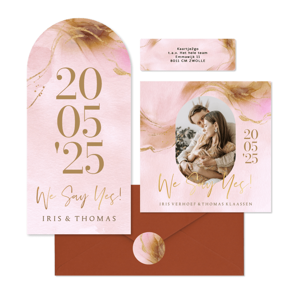Stijlvolle trouwset warm watercolor met goud