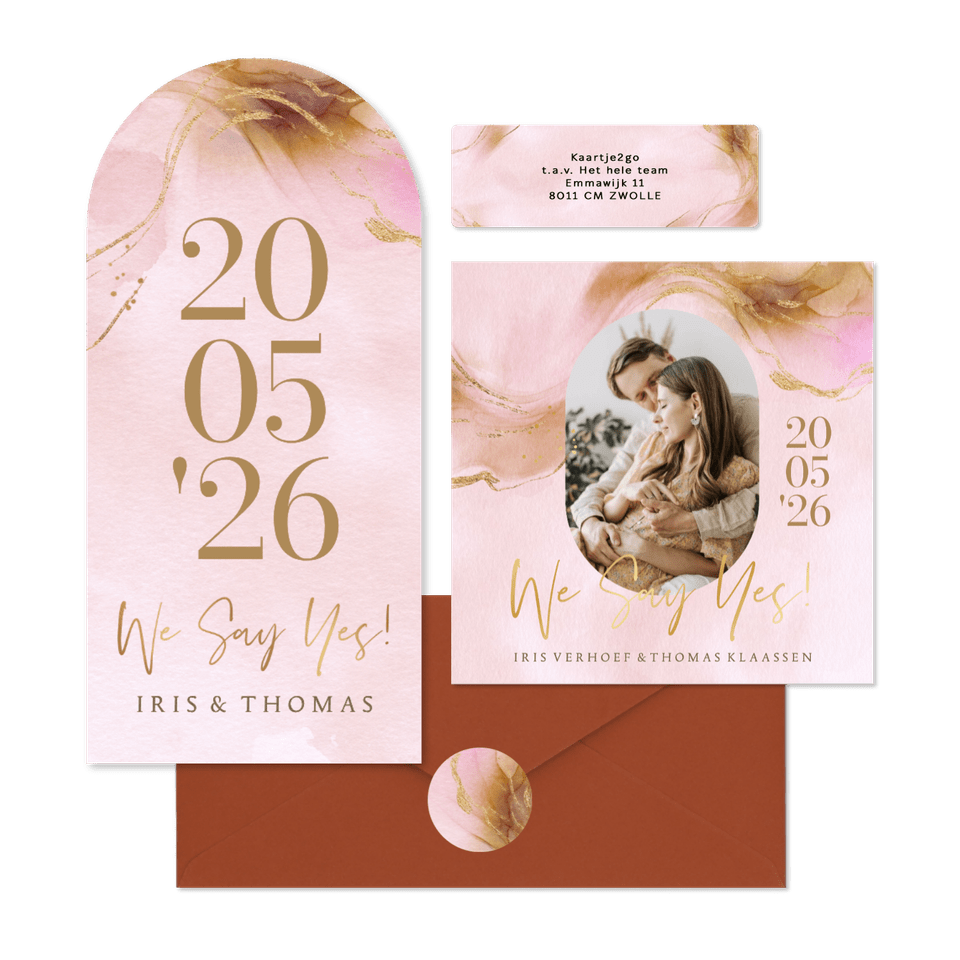Stijlvolle trouwset warm watercolor met goud