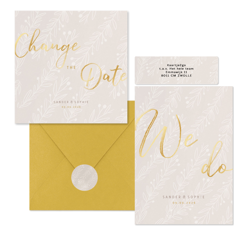 Moderne beige trouwset met takjes en goud