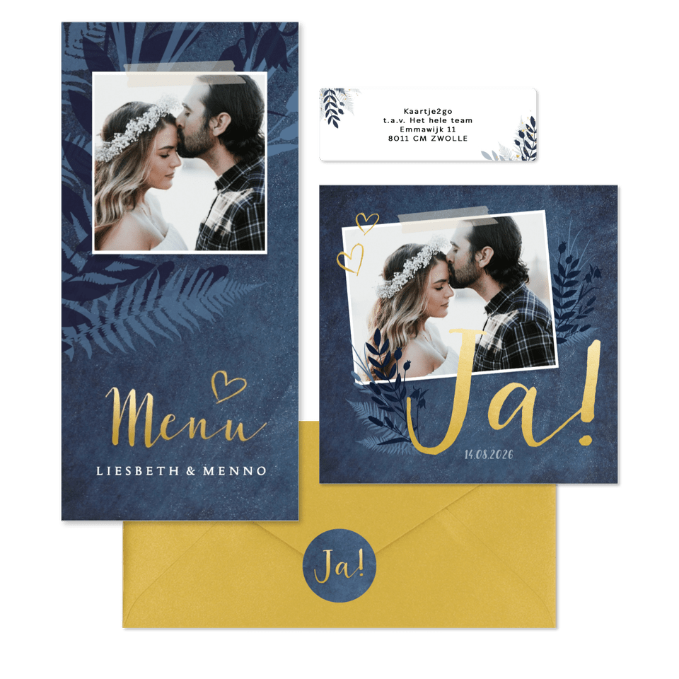 Botanische trouwset met gouden tekst en foto