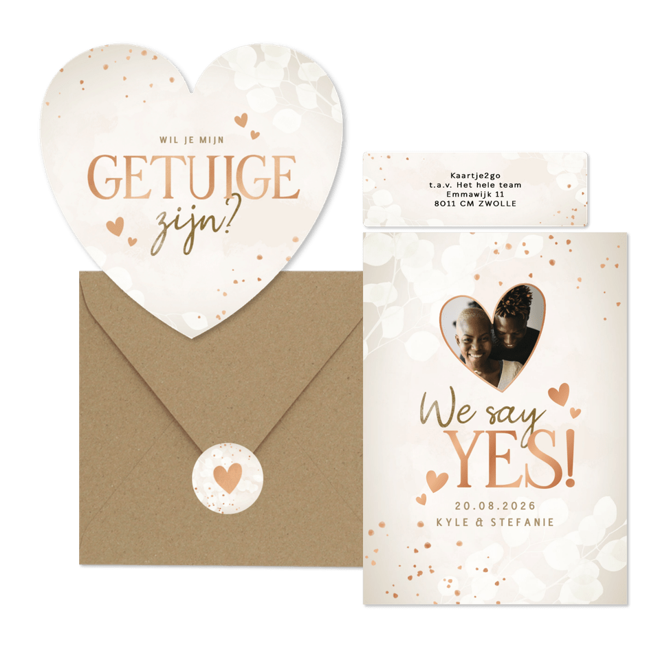 Beige trouwset met eucalyptus en hartjes