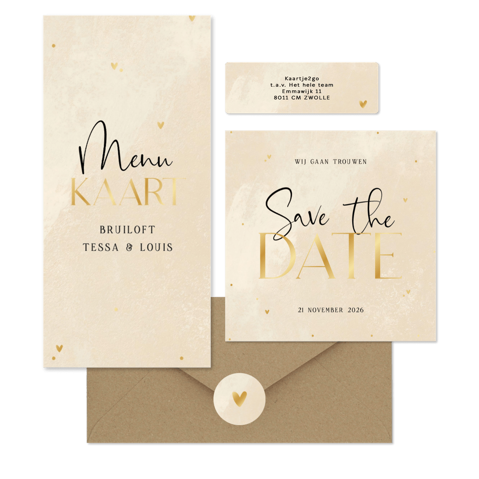 Trouwen steenlook beige gouden hartjes stipjes