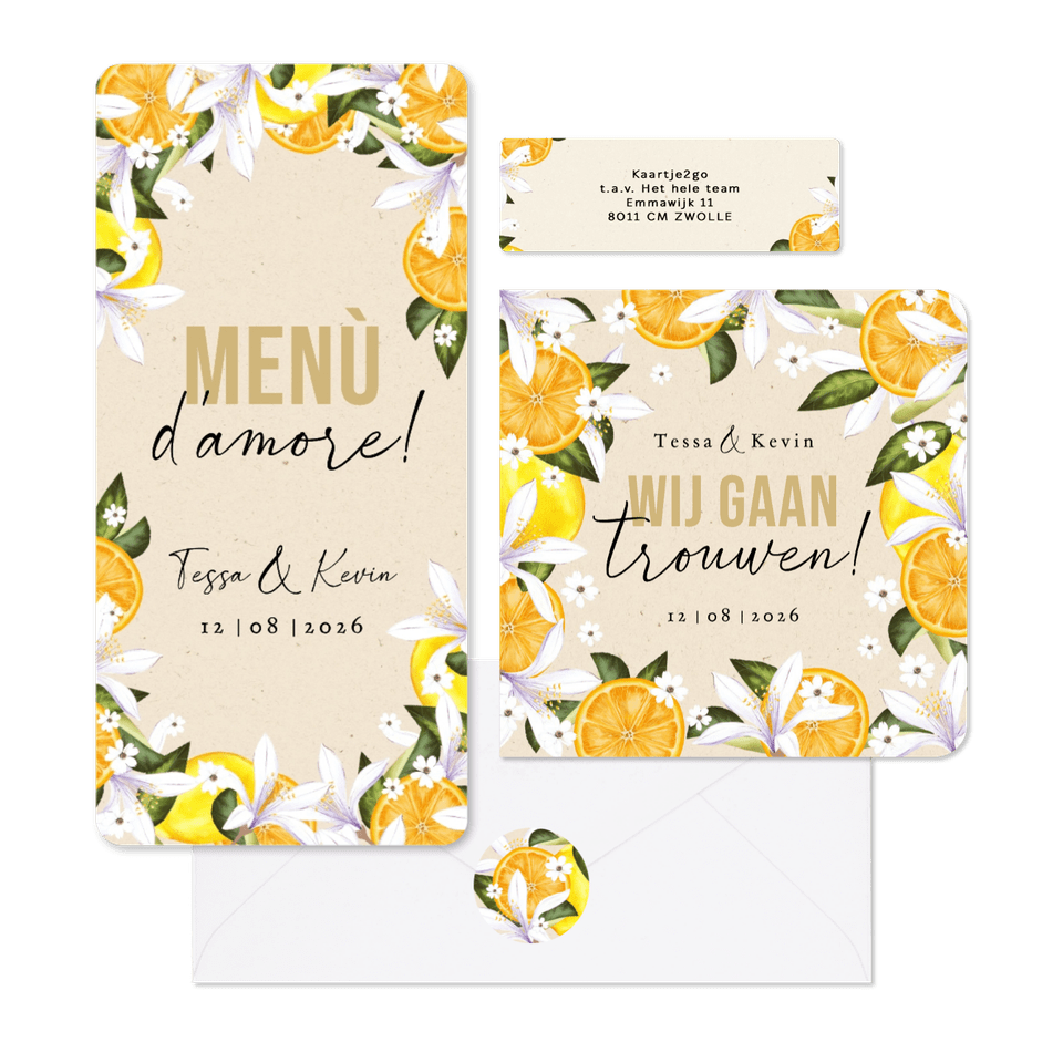 Botanisch zomerse trouwhuisstijl Mediterranee met geschilderd fruit en bloemen