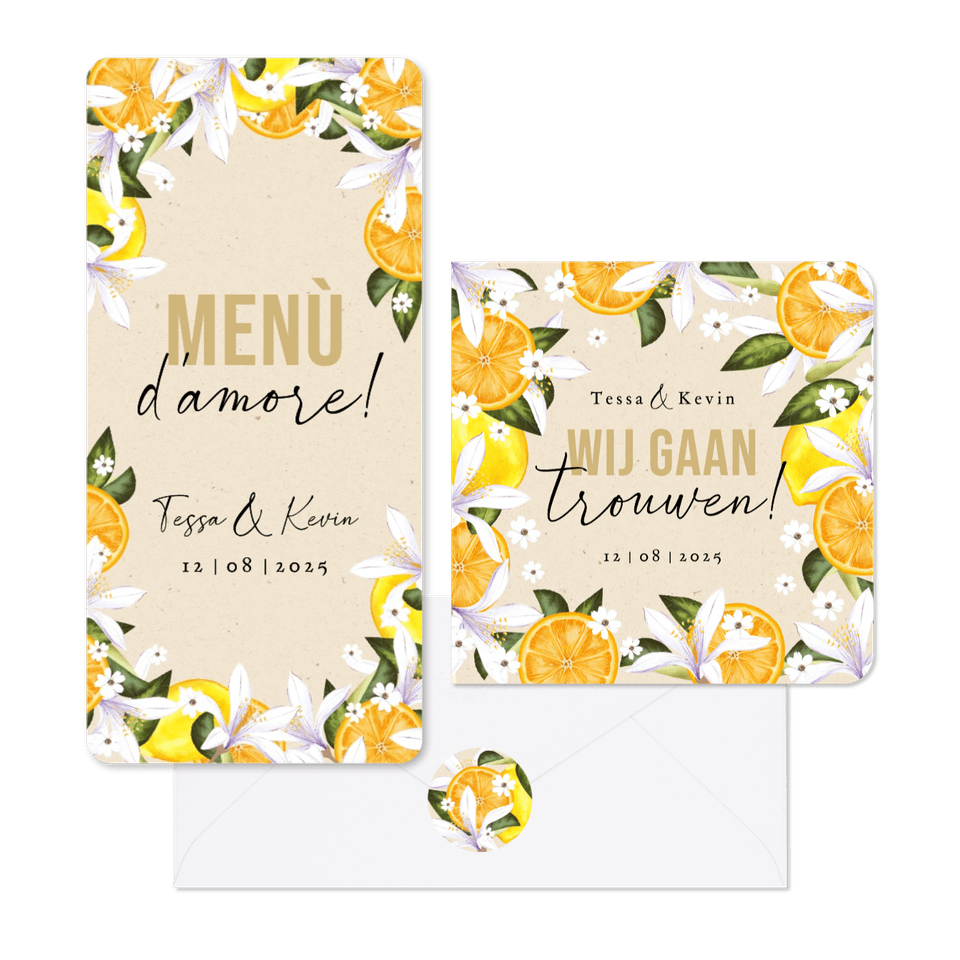 Botanisch zomerse trouwhuisstijl Mediterranee met geschilderd fruit en bloemen