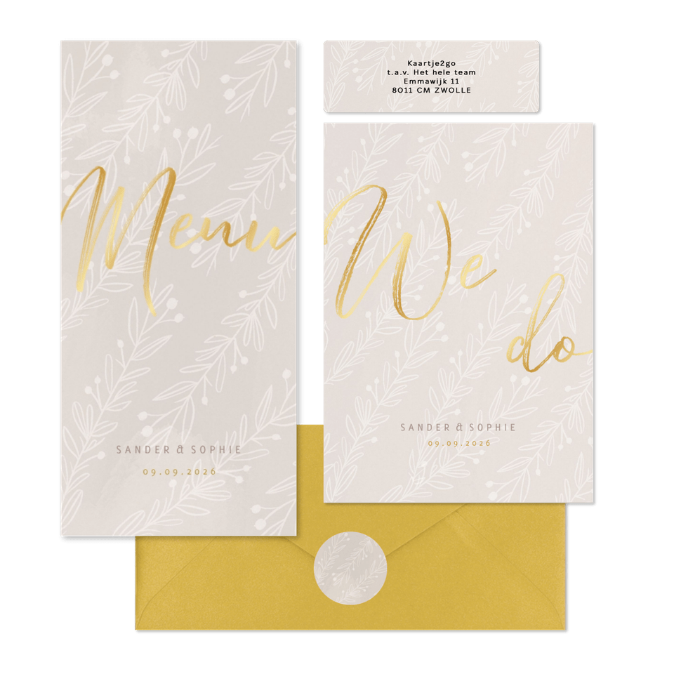 Moderne beige trouwset met takjes en goud