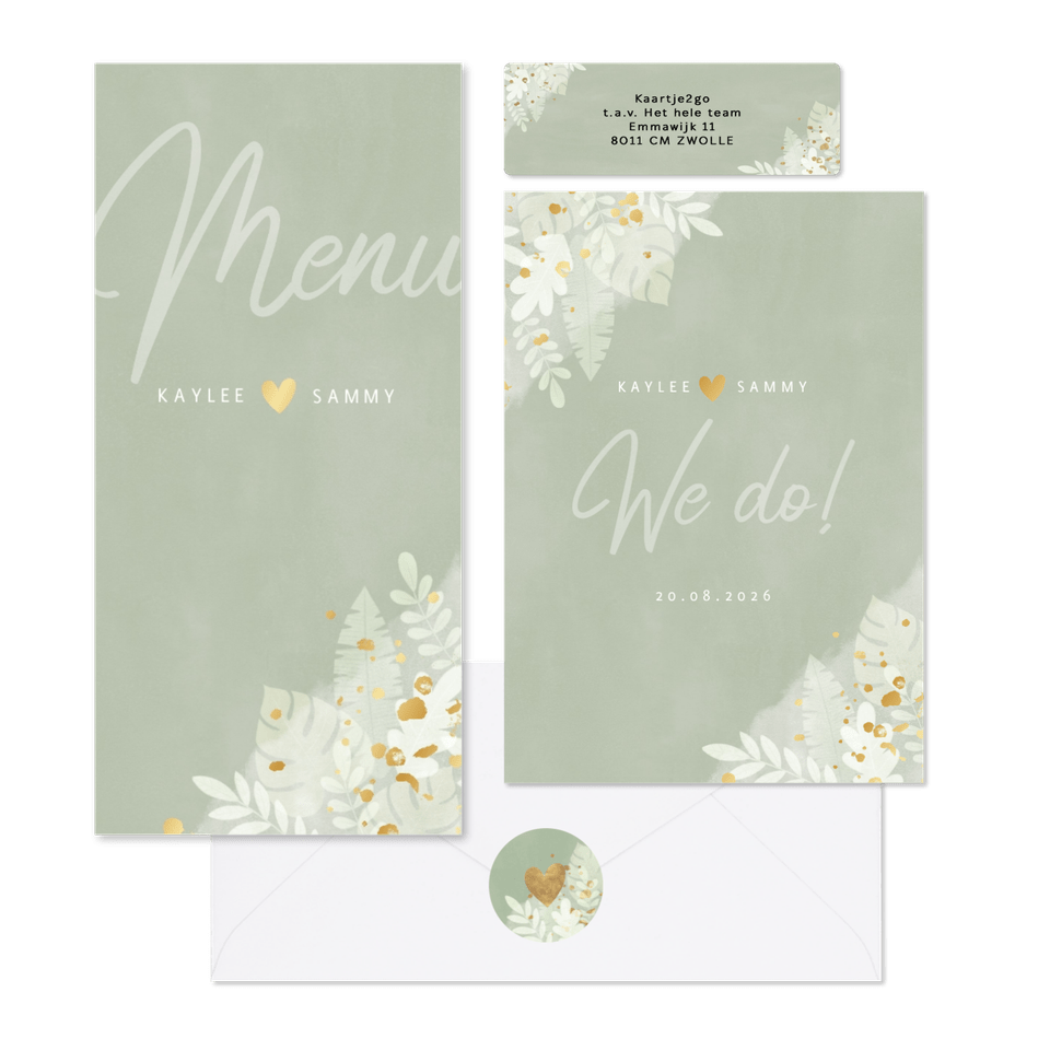 Trouwset groene waterverf en junglebladeren