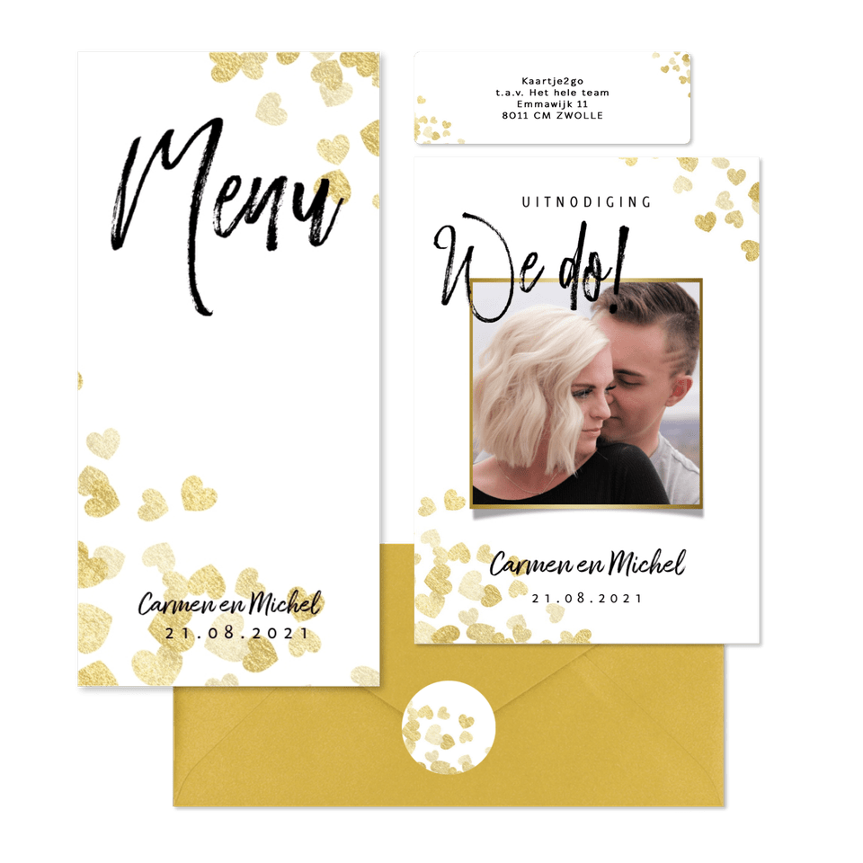 Trouwset met gouden hartjes en zwarte tekst