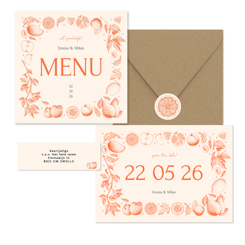 Trouwset met vintage lijntekeningen van fruit