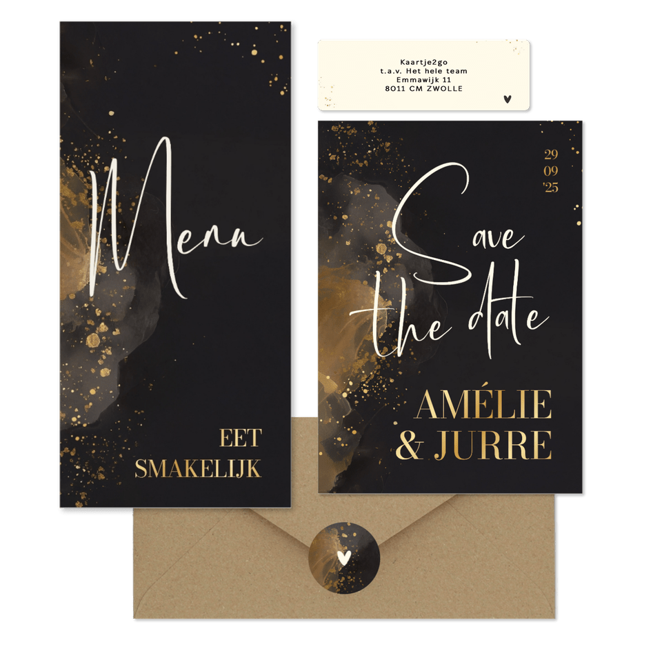 Stijlvolle trouwset donkergrijs waterverf goud handgeschreven