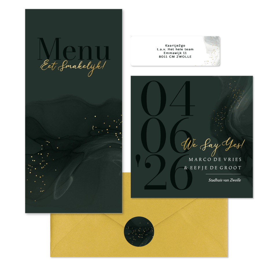 Trouwkaartenset soft groen en spetters goud