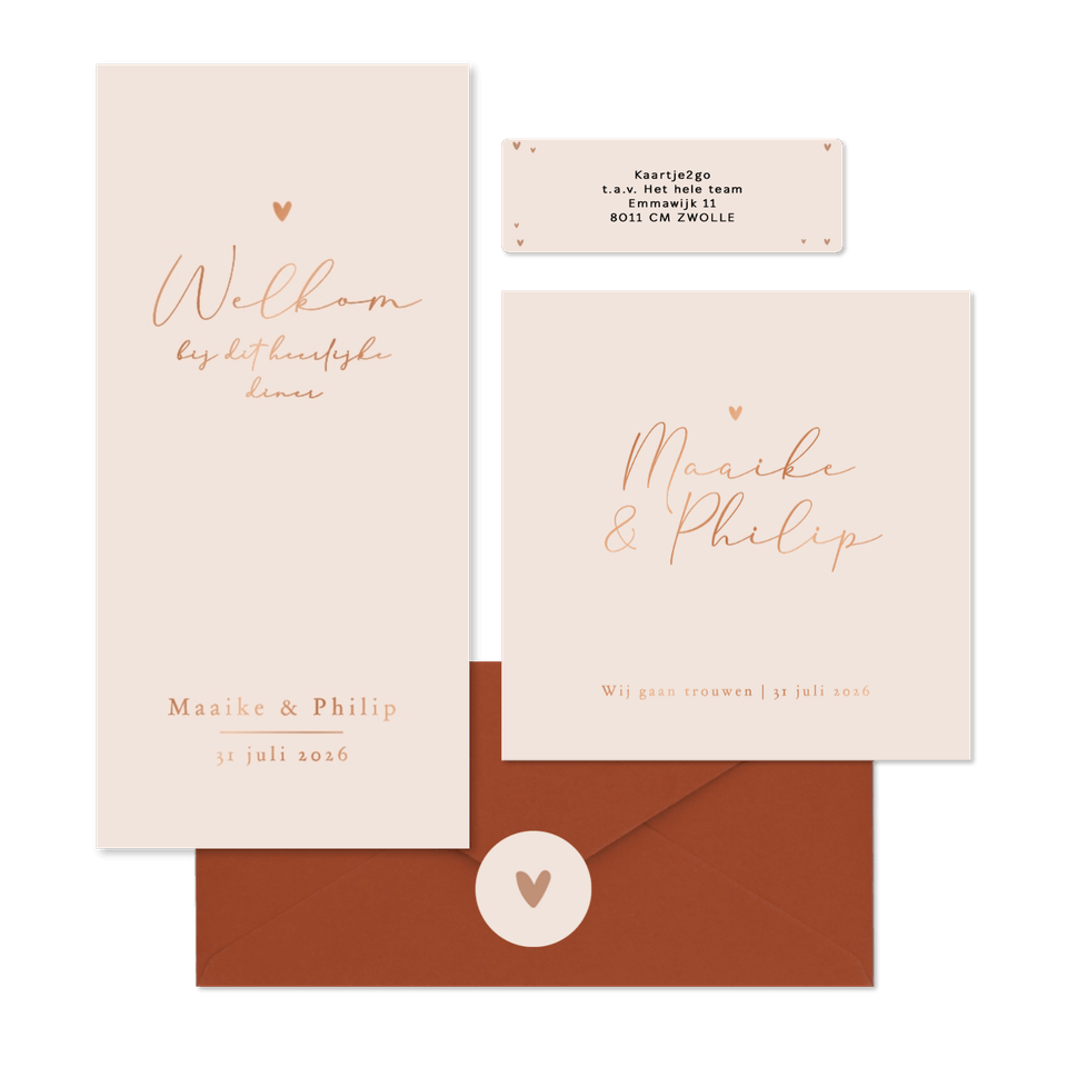 Trouwkaarten set stijlvol goud minimalistisch romantisch hartje koper.