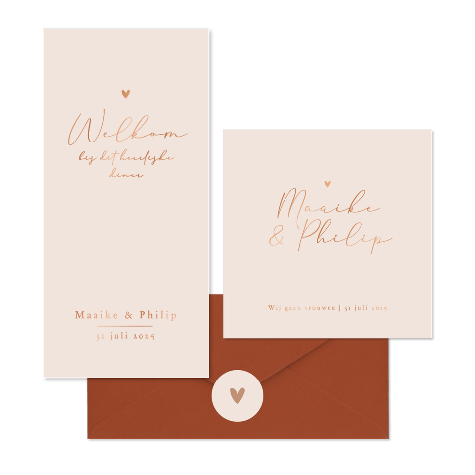 Trouwkaarten set stijlvol goud minimalistisch romantisch hartje koper.