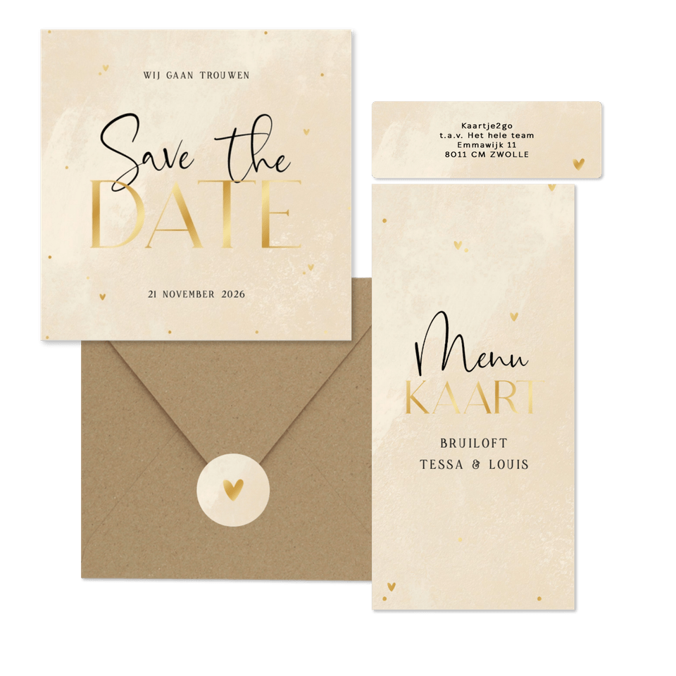 Trouwen steenlook beige gouden hartjes stipjes