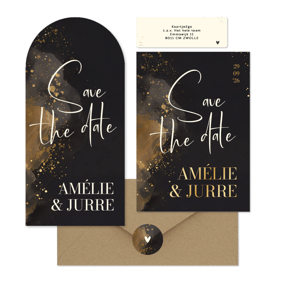 Stijlvolle trouwset donkergrijs waterverf goud handgeschreven