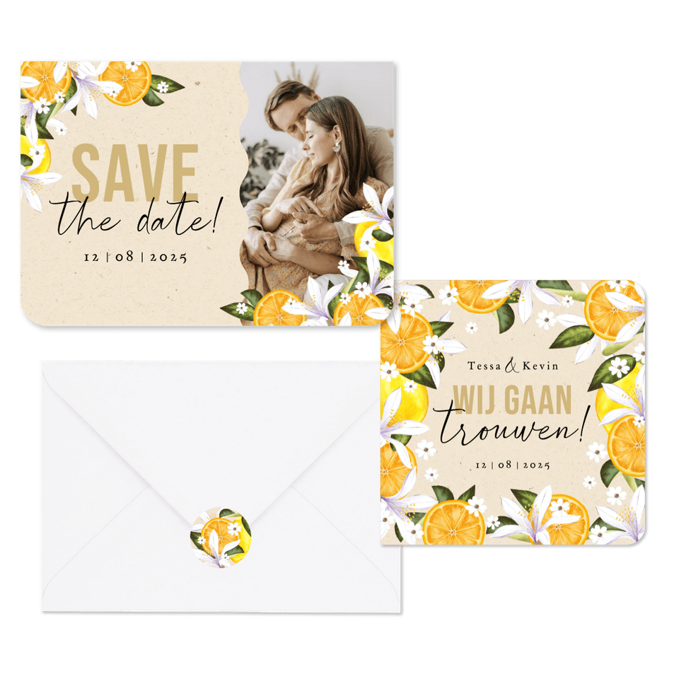 Botanisch zomerse trouwhuisstijl Mediterranee met geschilderd fruit en bloemen