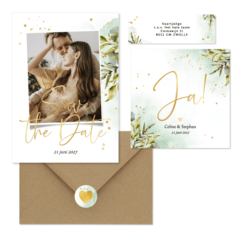 Trouwset botanische bladeren waterverf goud