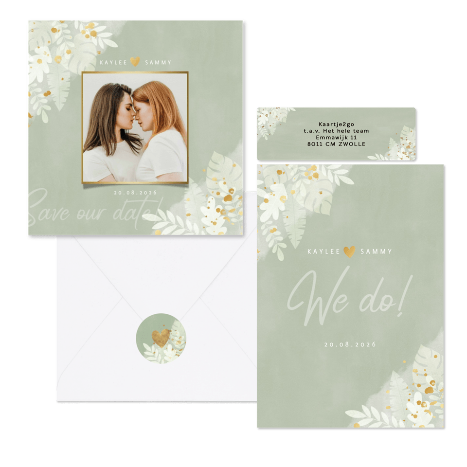 Trouwset groene waterverf en junglebladeren