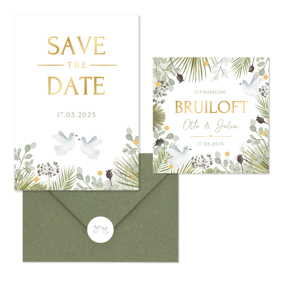 Trouwkaarten set botanisch met witte duiven