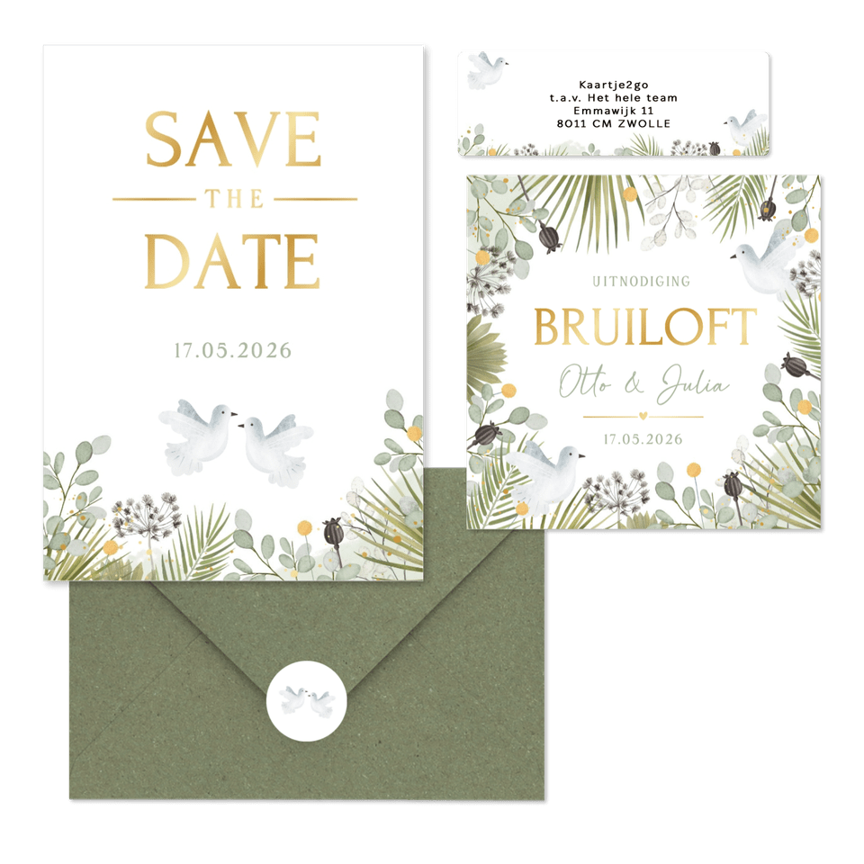 Trouwkaarten set botanisch met witte duiven
