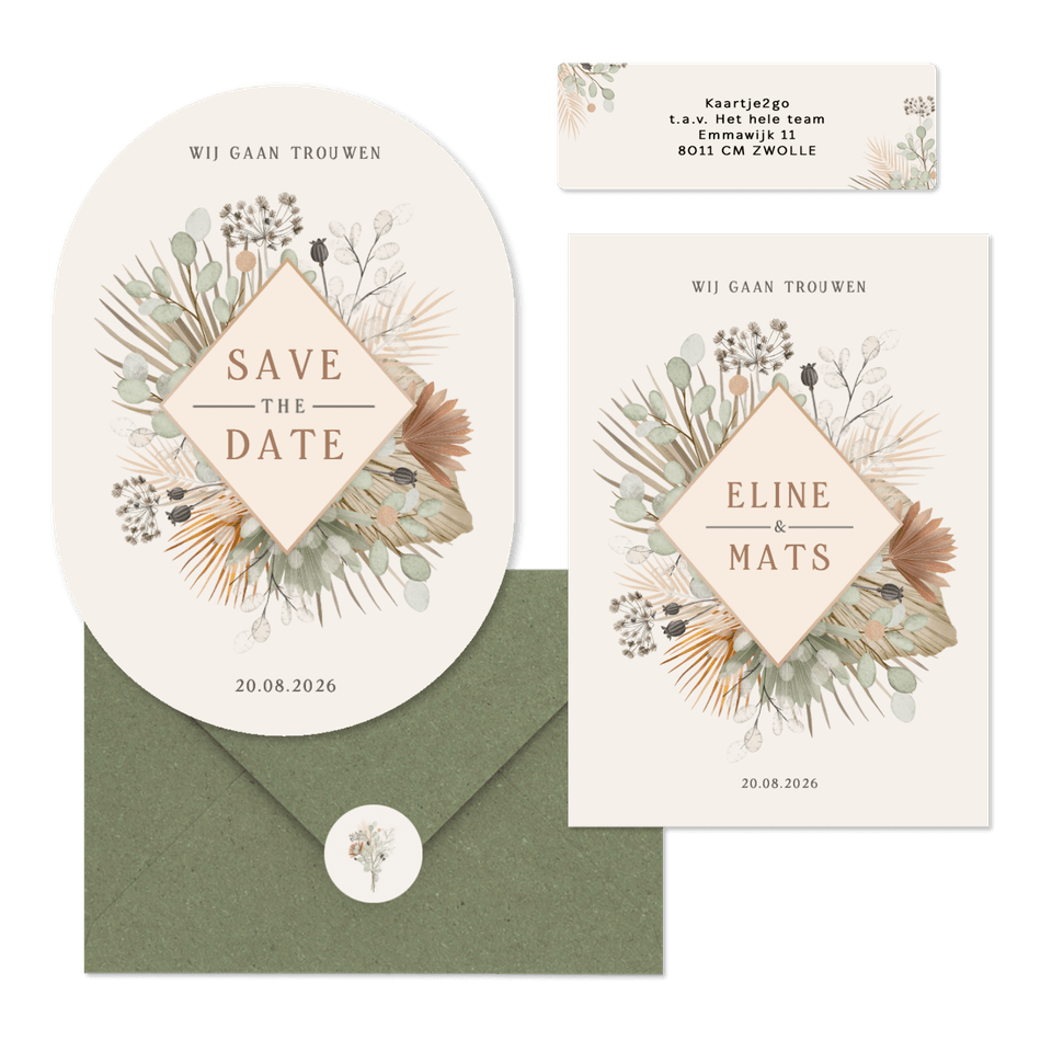 Bohemian trouwset met droogbloemen