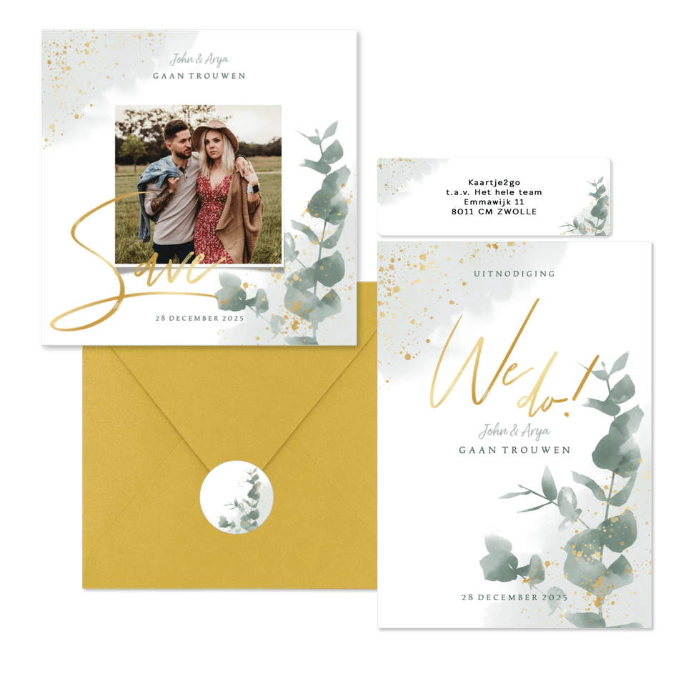 Stijlvolle trouwset met waterverf eucalyptus