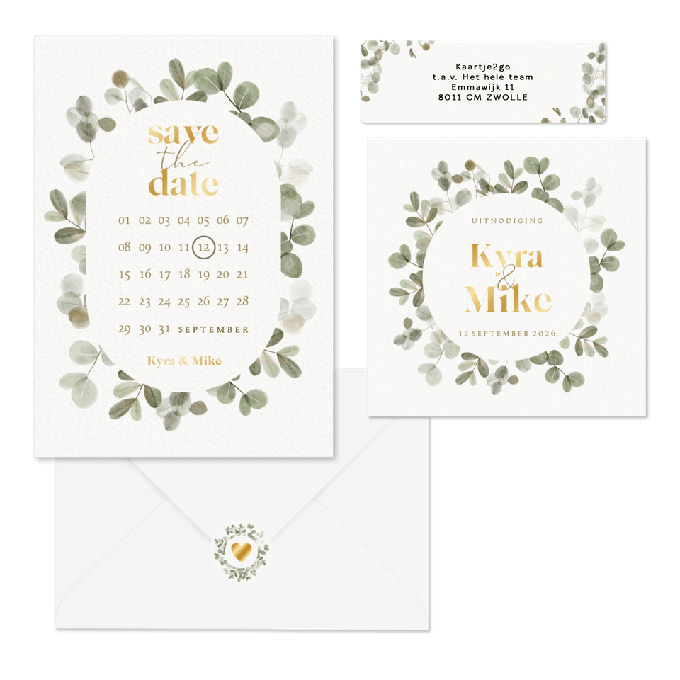 Trouwset botanisch waterverf eucalyptus wit